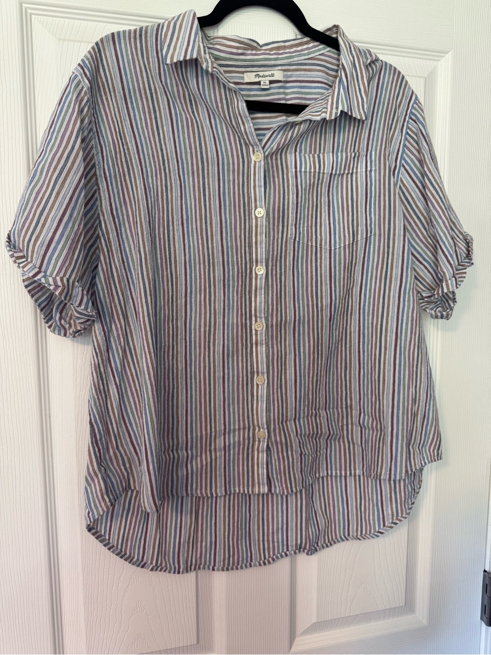 Madewell Multistripe Short-Sleeve Button-Down in Blue, Brown & Cream - Picture 2 of 5